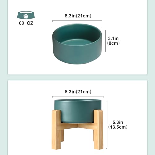 SPUNKYJUNKY Ceramic Elevated Dog Bowls 2 Pack - 8.3inch Raised Dog Bowls with Non-Slip Wooden Stand for Large Dogs Dishwasher Safe(Green,60OZ*2) - color: Green, size: Large - 7.6 CUPS*2