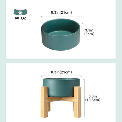 SPUNKYJUNKY Ceramic Elevated Dog Bowls 2 Pack - 8.3inch Raised Dog Bowls with Non-Slip Wooden Stand for Large Dogs Dishwasher Safe(Green,60OZ*2) - color: Green, size: Large - 7.6 CUPS*2