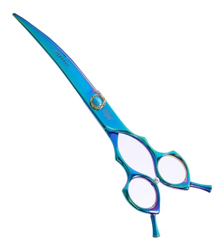 7.5'' Dog Curved Scissors for Grooming, Professional 440C Stainless Steel Pet Trimming Shears with Silent Buffer, Sharp Grooming Scissors for Sensitive Dogs, Cats, Face & Paws (Green) - style: Curved