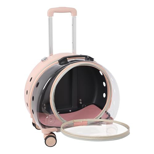 Cat Carrier with Wheels, Breathable Cat Rolling Carrier with Telescopic Handle, Bubble Cat Backpack Carrier, Pet Travel Bag for Small Dogs Pets, up to 19lbs, 15.7" x 10.6" x 17.7" (Pink) - color: Semi-Transparent Pink
