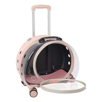 Cat Carrier with Wheels, Breathable Cat Rolling Carrier with Telescopic Handle, Bubble Cat Backpack Carrier, Pet Travel Bag for Small Dogs Pets, up to 19lbs, 15.7" x 10.6" x 17.7" (Pink) - color: Semi-Transparent Pink
