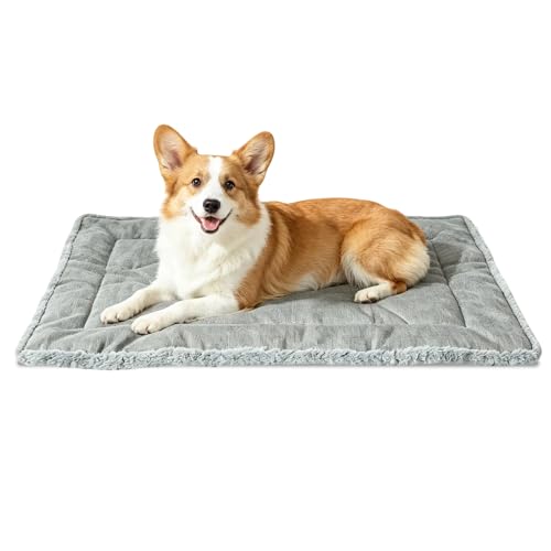 Reversible Dog Crate Mat 29"x18" for Medium Dogs - Double-Sided Cooling Water-Resistant Oxford & Warm Plush Bed, Fits 30-Inch Wire Crates, Soft Stuffed, Machine Washable, Indoor & Outdoor, Light Gray - color: Light Gray, size: 29"L x 18"W x 1.2"Th