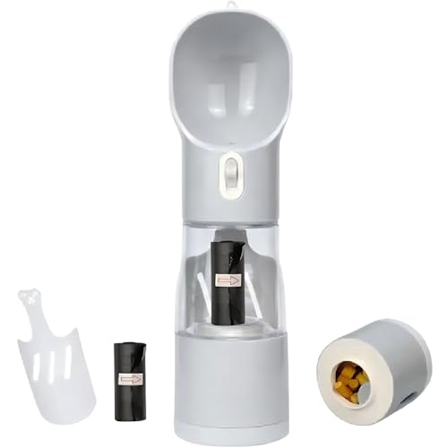 All-in-One Portable Dog Water Bottle, Food Dispenser, Poop Bag Dispenser, Dry/Wet Food Container 7 oz., Travel Water Bottle 9oz., 2 Poop Bags Included, Food Grade Plastic, Leak Proof-Grey Color