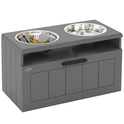 PawHut Elevated Dog Bowls, Raised Dogs Bowl Stand with 2 Stainless Steel Bowls, Storage Drawer and Slow Feeder Mat, Dog Feeding Station for Large and Extra Large Dogs, Gray