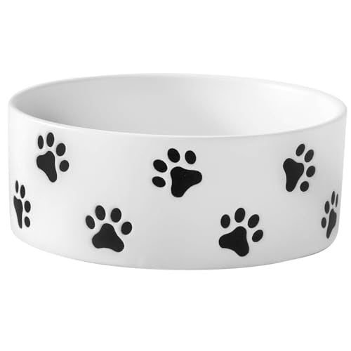 6.5 Inch White Ceramic Dog Bowl with Paw Print Pattern - Porcelain Wide Mouth Dog Food or Water Bowls, Large Feeding Pet Bowls for Indoor Medium Sized Dogs, for Wet or Dry Food - color: White