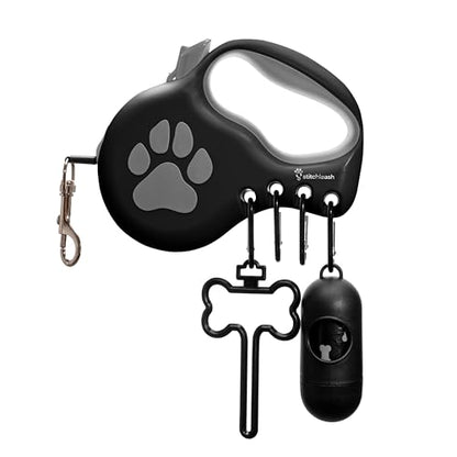 Retractable Dog Leash for Small & Medium Dogs (Up to 55lbs) - Customizable, Patented, Reflective Design, Ergonomic Handle, Includes Hooks & Poop Bag Holder & Dispenser - Black - color: Black, size: S/M - Up to 55 Lbs