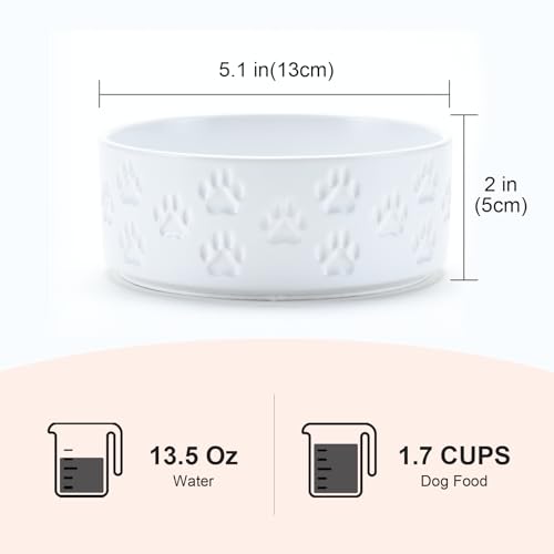 SPUNKYJUNKY Ceramic Dog and Cat Bowls 2 Pack, 5.1'' Dog and Cat Food Water Double Feeding Bowls Non-Slip for Cats and Puppy Small Sized Breed Dogs Microwave Dishwasher Safe - 13.5 OZ, 2pcs, Paw White - color: Paw White - Only Bowls*2, size: 5.1 in - 1.7 c