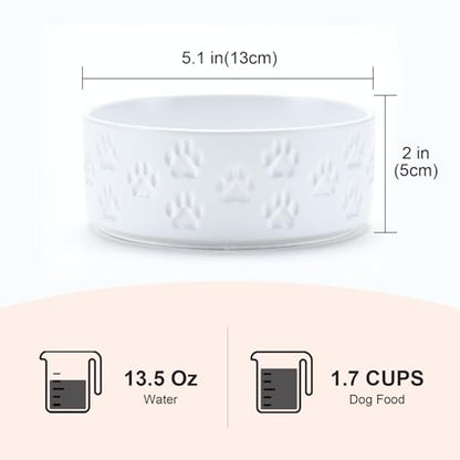 SPUNKYJUNKY Ceramic Dog and Cat Bowls 2 Pack, 5.1'' Dog and Cat Food Water Double Feeding Bowls Non-Slip for Cats and Puppy Small Sized Breed Dogs Microwave Dishwasher Safe - 13.5 OZ, 2pcs, Paw White - color: Paw White - Only Bowls*2, size: 5.1 in - 1.7 c