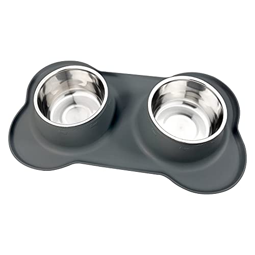 AsFrost Dog Food Bowls Stainless Steel Dog Food & Water Bowl Set with No Spill No Slip Silicone Mat, Dog Dishes for Small Medium Size Dogs Pet Cat Puppy Food Feeding Bowls, Grey, 24oz, 3 Cup - color: Grey, size: 3 Cup/27 oz each