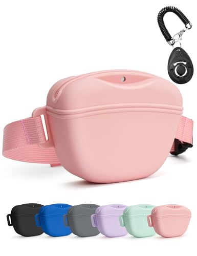 heouvo Dog Treat Pouch with Training Clicker, Upgrade Stronger Magnetic Closure to Avoid Spilling, 1.67 Cup Silicone Treat Bag Fanny Pack with Waist Belt for Pet Training Walking (Pink) - color: Pink