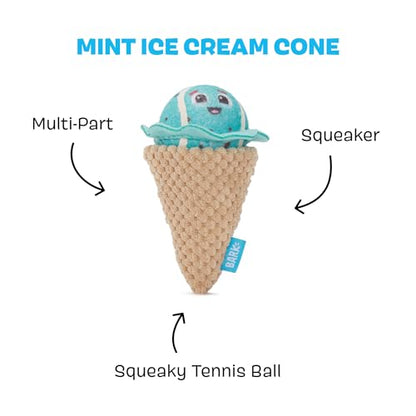 Barkbox Mint Chocolate Poop Scoop Dog Toy | 2-in-1 Plush Ice Cream Set with Squeaky Tennis Ball & Squeaker Cone | for Small Dogs - color: Poop Scoop