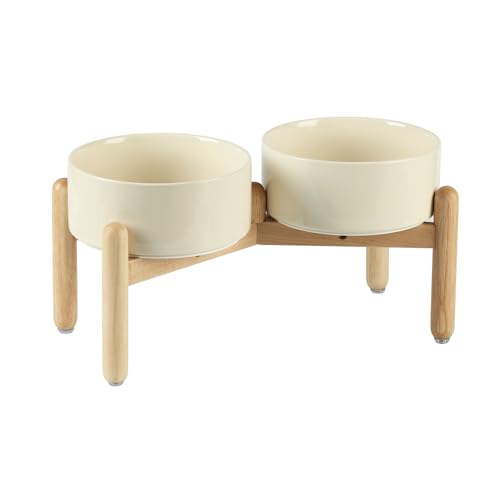 Havniva 7.3inch Ceramic Raised Dog Bowl with Stand, Double Dog Bowls Elevated for Medium Breed Dog Food and Water Bowl Set Non-Slip Dog Dish Large Capacity Feeding Pet Water Bowl - color: 2 Bowls+Stand - Light Yellow, size: 7.3inch