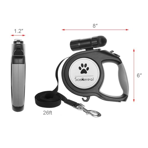 SCENEREAL Heavy Duty Retractable Dog Leash 26 FT with LED Flash Light & Poop Bag Dispenser for up to 110 LB Small Medium Large Dogs Outdoor Walking & Training - color: With Light (Black /26ft)