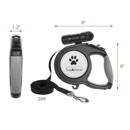 SCENEREAL Heavy Duty Retractable Dog Leash 26 FT with LED Flash Light & Poop Bag Dispenser for up to 110 LB Small Medium Large Dogs Outdoor Walking & Training - color: With Light (Black /26ft)