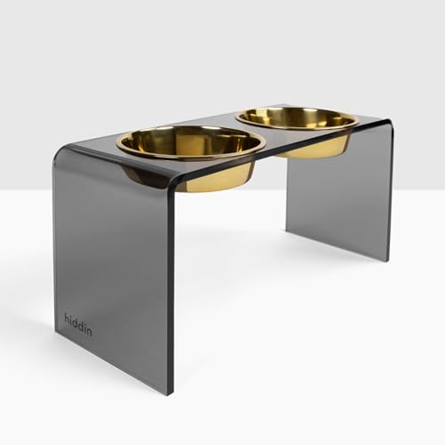Hiddin Double Elevated Dog Bowl Stand for Medium or Large Dogs, All Breeds, Smoke Grey Acrylic 12 Inch Raised Dog Bowl Stand with Two Gold Bowls for Food and Water - 6.5 Cups Each Dish