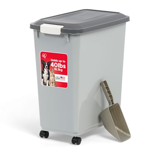 IRIS USA Dog Food Storage Container with Wheels, Airtight Lid, 2-Cup Scoop, Up to 40 Pounds Pet Food Storage, Built in Scoop Storage in Lid, Versatile Pet Food Bin, Portable, BPA Free, Gray/Dark Gray - color: Gray/Dark Gray, size: 40 lbs