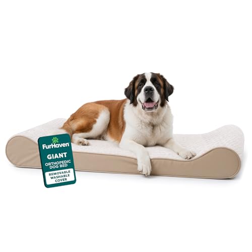 Furhaven Orthopedic Dog Bed for Extra Large Dogs w/ Removable Washable Cover, For Dogs Up to 180 lbs - Ultra Plush Faux Fur & Suede Luxe Lounger Contour Mattress - Cream, Giant/XXXL - color: Cream, size: Giant/XXXL