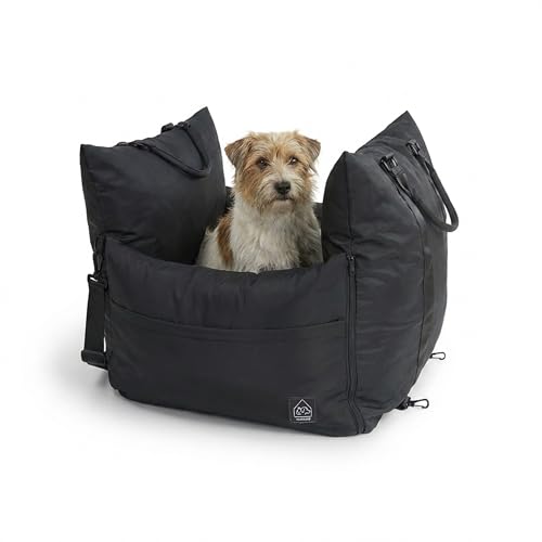 4 Cats & Dogs Marco Travel Pet Bed – Dog Car Seat for Small & Medium Dogs, Waterproof, Faux Fur Cushion, Safety Belt, Washable Cover, Storage Pockets, Booster Seat (Black, Single Seater 18.5" x 21") - color: Black, size: Single Seater