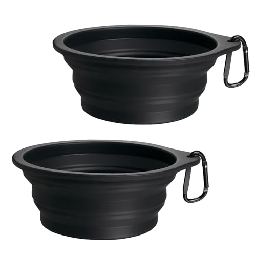 PetBonus 2-Pack Large Silicone Collapsible Dog Bowls, 34oz/1000ml BPA Free Portable Foldable Travel Bowl for Pet Cat, Food Water Feeding Dish for Camping with 2 Carabiners (Black, Black) - color: Black, Black, size: 34 Oz