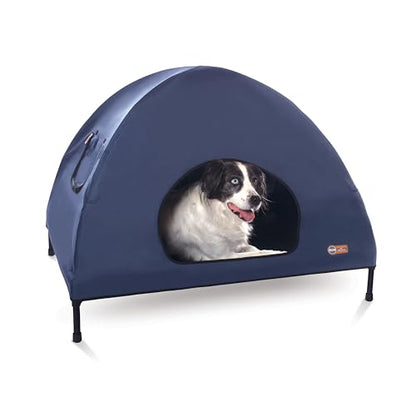 K&H Pet Products Pet Cot House for Large Dogs, Outdoor Elevated Dog Cot House, Enclosed Canopy, Window Flaps for Air Flow, Washable Cover, Raised Metal Frame, Collapsible - Large 42 X 30in Blue - size: Large 30 X 42 X 32 Inches