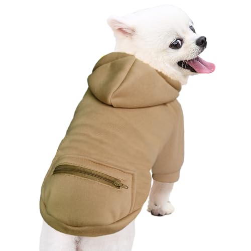 Jecikelon Dog Hoodies for Small Dogs with Zipper Pocket, Soft Fleece Puppy Clothes with Rope Hat, Warm Winter Outfits Cold Weather Coats, Cute Sweatshirt Chihuahua Costume (Khaki, XX-Small) - color: Khaki, size: XX-Small