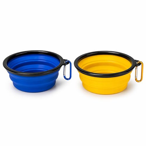 Collapsible Dog Bowl 2-Pack (Blue & Yellow) – Portable Travel Pet Bowl, Foldable Silicone Food & Water Dish with Carabiner Clip for Dogs & Cats, Lightweight & Waterproof
