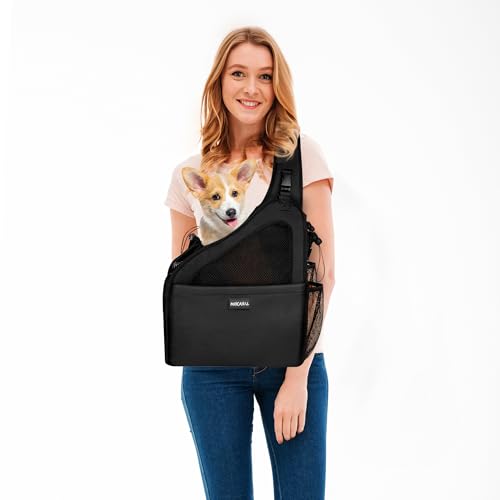 Small Dog Sling Carrier Bag, Hands-Free Dog Carrier Sling with Safety Buckle, Breathable Mesh, Adjustable Strap, Padded Back, Storage Pockets, Pet Carrier for Dogs, Cats, Puppies up to 8–10 lbs - color: Black