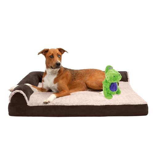 FurHaven Orthopedic Dog Bed & goDog Toy - Squeaky Plush Dino with Chew Guard Technology for Large Dogs - Two-Tone Plush Faux Fur & Suede L Shaped Chaise - Espresso, Jumbo/XL - color: Dino Toy + Espresso, size: Jumbo