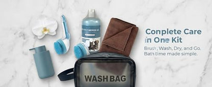 [Zmonap] Dog Cat Bath Brush Kit with Soap Dispenser, 250ML Gentle Pet Shower Gel, Super Absorbent Quick Dry Towel & Waterproof Storage Bag, All-in-One Pet Grooming Bathing Supplies for Indoor Outdoor
