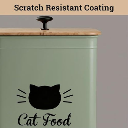 Cat Food Storage Container with Scoop - 5-7lb (25 Cup) Capacity Metal Cat Kibble Canister with Airtight Bamboo Lid and Metal Scoop - Airtight Pet Food Storage Containers 5 lb - 7 lb Kibble Container - color: Sage Green