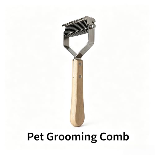 2-in-1 Dog Undercoat Rake and Dematting Tool - Durable Stainless Steel Deshedding Brush with Ergonomic Wooden Handle - Grooming Rake for Long Haired Cats & Dogs with Hair Keepsake Keychain(L) - size: l