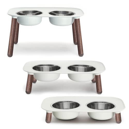 Messy Mutts Elevated Double Feeder with Stainless Bowls | Adjustable Height 3”, 5”, or 10” | Adjustable Standing Feeder for Dogs | 5 Cups per Bowl | Light Grey with Faux Wood Legs - color: Light Grey, Faux Wood Legs