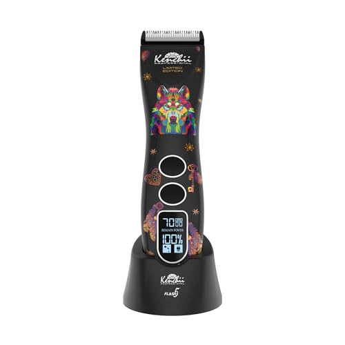 Kenchii Flash 5 Professional Dog Grooming Clippers, Cordless 5-Speed Pet Hair Trimmer for Thick Coats & Matted Fur, Quiet Heavy Duty Clipper, 5-in-1 Adjustable Blade, LCD Display, USB-C (Wolf Edition) - color: Black