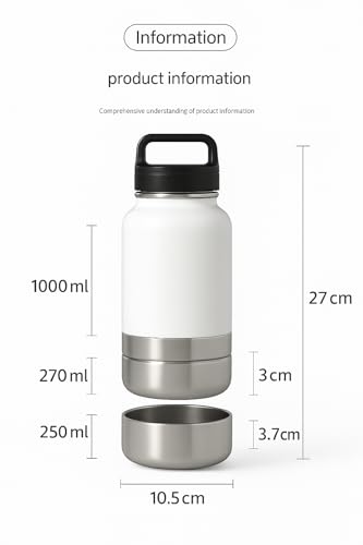 Portable Dog Water Bottle 3-in-1, 32 oz Stainless Steel Travel Dog Water Dispenser with Food Container & Double Bowls, Leakproof for Walking, Hiking & Travel (White)