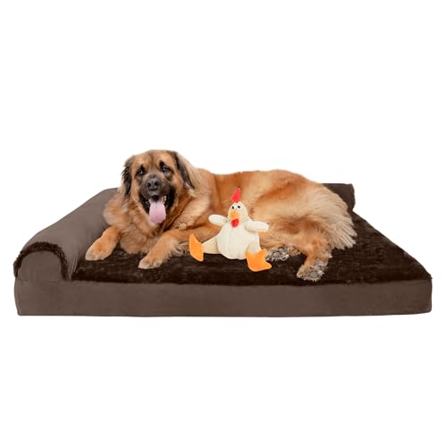 FurHaven Orthopedic Dog Bed & goDog Toy - Squeaky Plush Fat Rooseter with Chew Guard Technology for Large Dogs - Plush & Velvet L Shaped Chaise - Sable Brown, Jumbo Plus/XXL - color: Rooster Toy + Sable Brown, size: Jumbo Plus