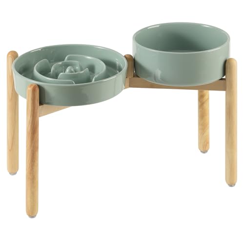 Havniva 9.5” Raised Slow Feeder Dog Bowls Set, 3.2 Cups Ceramic Slow Feeder Dog Bowl and 8.2” Dog Water Bowl with Elevated Wooden Stand Puzzle Dog Food Bowl for Large Dogs Anti-Gulping & Anti-Choking - color: 2 x Light Green+Stand-A, size: 9.5inch