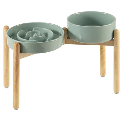 Havniva 9.5” Raised Slow Feeder Dog Bowls Set, 3.2 Cups Ceramic Slow Feeder Dog Bowl and 8.2” Dog Water Bowl with Elevated Wooden Stand Puzzle Dog Food Bowl for Large Dogs Anti-Gulping & Anti-Choking - color: 2 x Light Green+Stand-A, size: 9.5inch