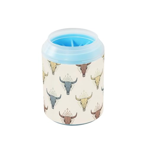 Western Skull Beige Pattern Dog Paw Cleaner Cup with Soft Silicone Brush, Small Portable Lightweight Muddy Paw Washer for Dogs, Easy to Use Pet Foot Cleaner