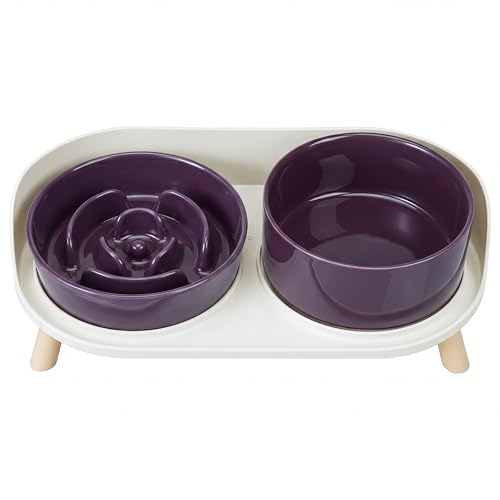 Elevated Slow Feeder Dog Bowls - Ceramic Food and Water Bowl Set with Stand - Raised Pet Dishes for Small and Medium Sized Dogs - color: Purple