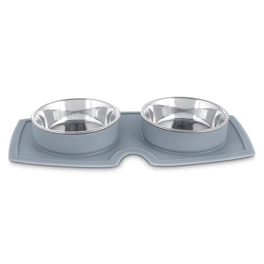 EveryYay by Petco Silicone Double Diner Stainless Steel Dog Bowl Set, Grey, 2 Cups - color: Gray