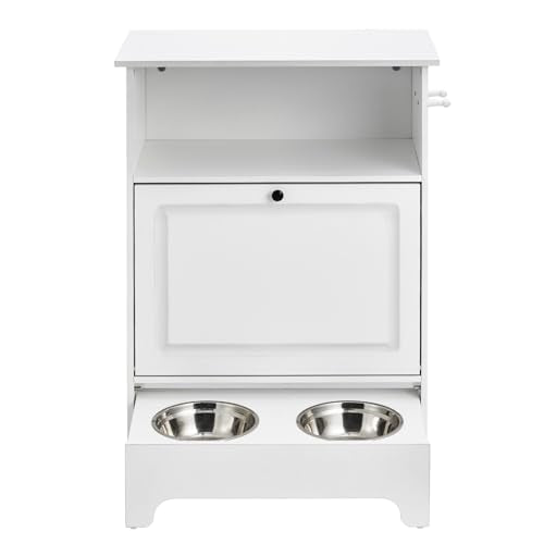 VEVOR Pet Feeding Station with 2 Elevated Dog Bowls, Raised Dog Bowls Stand with Storage, Food Cabinet with Hidden Pull-Out Bowl, Feeder Station, Pet Toy Storage Organizer for Dogs Cats, White - size: 23.62x13.78x31.38 inch