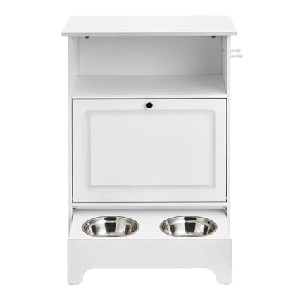 VEVOR Pet Feeding Station with 2 Elevated Dog Bowls, Raised Dog Bowls Stand with Storage, Food Cabinet with Hidden Pull-Out Bowl, Feeder Station, Pet Toy Storage Organizer for Dogs Cats, White - size: 23.62x13.78x31.38 inch