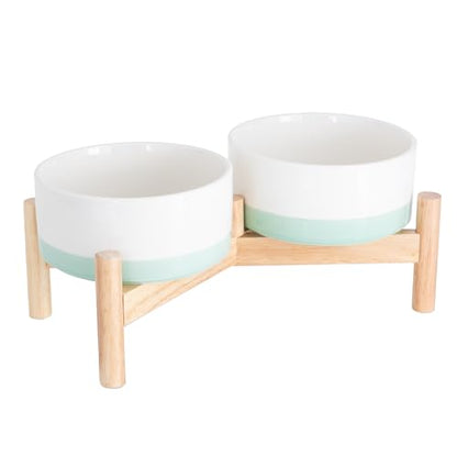 Ilyapa Ceramic Dog Bowls - Elevated for Medium Sized Pet with Raised Food and Water Set - Green Double 6 inch, 28 Oz Bowls & 13x6.3x5.5 Wooden Stand - color: Green