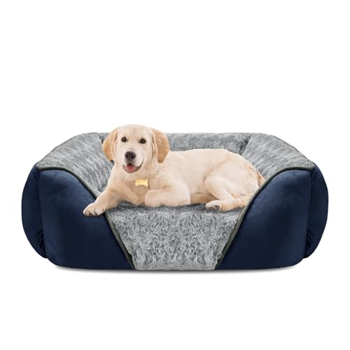 INVENHO Large Dog Bed Rectangle Washable Orthopedic Soft Calming Sleeping Durable Pet Cuddler with Anti-Slip Bottom - color: Navy, size: L(30"x 24"x 9")