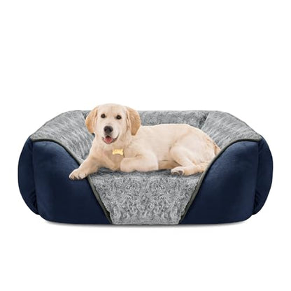 INVENHO Large Dog Bed Rectangle Washable Orthopedic Soft Calming Sleeping Durable Pet Cuddler with Anti-Slip Bottom - color: Navy, size: L(30"x 24"x 9")