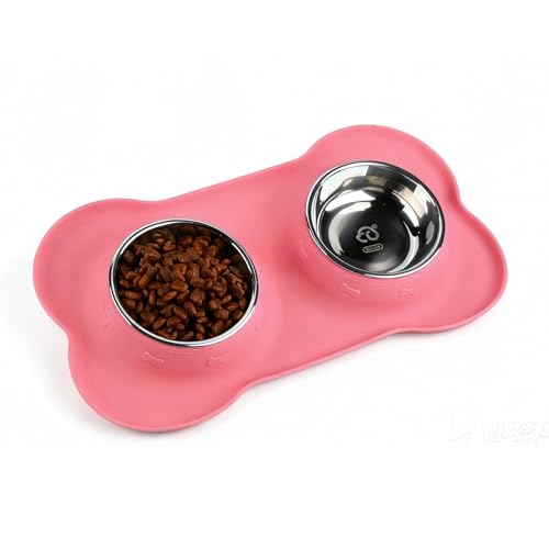 Dog Bowls 2 Stainless Steel Bowl for Pet Water and Food Feeder, No Spill Non-Skid Silicone Mat Suitable for Small Medium Size Dogs, Cats and Puppies (Pink) - color: Pink