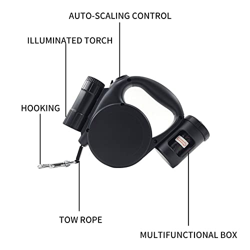 360° Tangle-Free Retractable Dog Leash with Flashlight, Dispenser and Poop Bag Heavy-Duty Nylon Tape for Small, Medium Dogs and Cats One-Handed Brake and Lock, Black - color: black