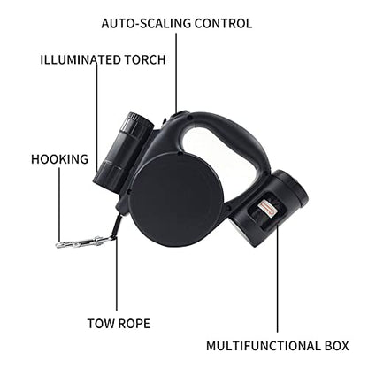 360° Tangle-Free Retractable Dog Leash with Flashlight, Dispenser and Poop Bag Heavy-Duty Nylon Tape for Small, Medium Dogs and Cats One-Handed Brake and Lock, Black - color: black