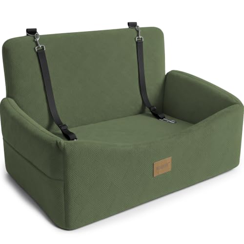 JOEJOY Dog Car Seat for Large Medium Sized Dogs Under 55 lbs, Dog Booster Seat for 2 Small Dogs with Detachable Washable Cover, Memory Foam Pet Car Seat with 2 Safety Belts and Storage Pockets - color: Green, size: Medium/Large