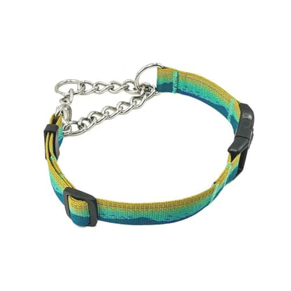 Martingale Dog Collars with Stainless Steel Chain, Reflective No Pull Walking Training Collar with Quick Release Buckle, Adjustable Slip Chain Nylon Dog Collars for Small Medium Large Dogs - color: Yellow and blue, size: Large